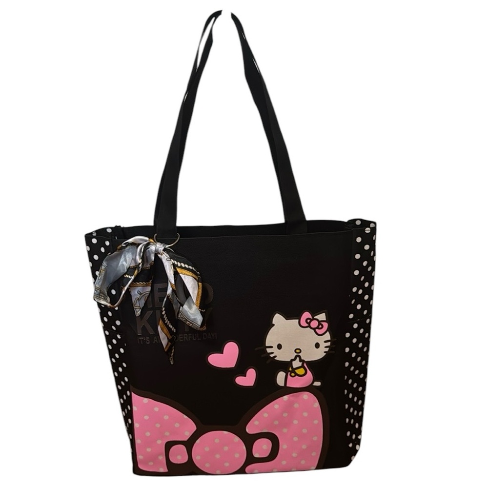 Hello Kitty For Emma Lg Canvas Shoulder Bag Tote Bag W/2 Satin Bows NWT - Picture 3 of 13